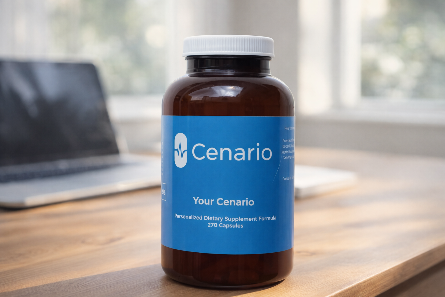 Cenario dietary supplement bottle with blue label on wooden table