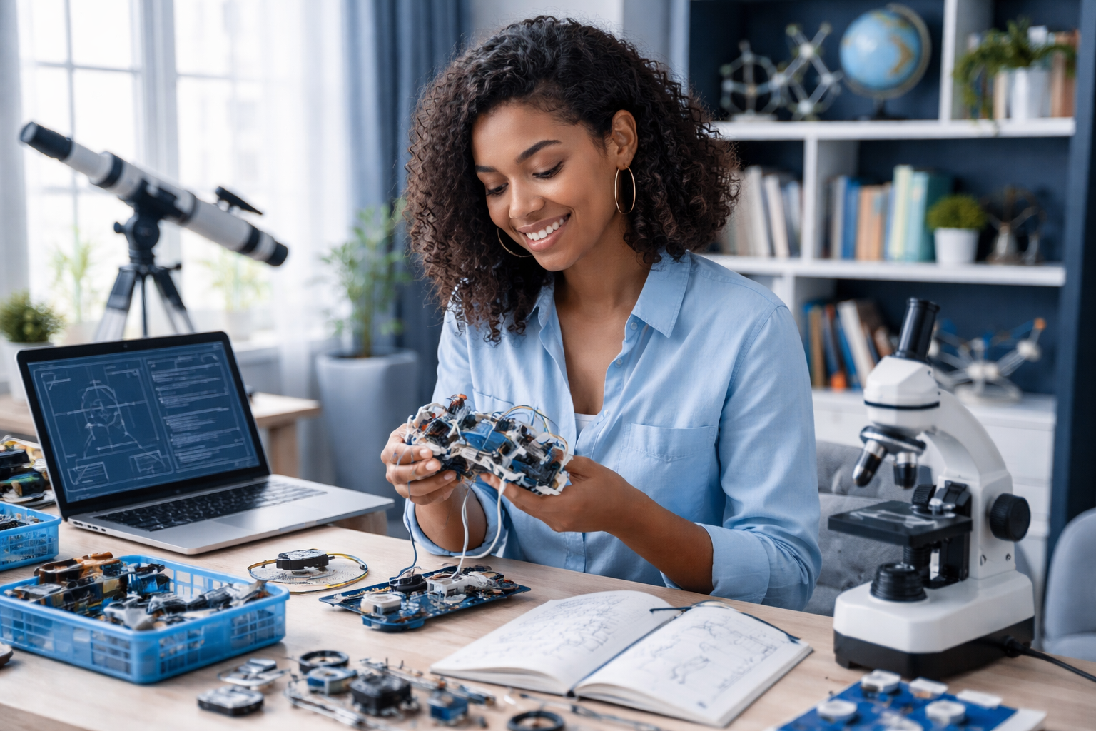 Woman assembling electronic components at desk with microscope and laptop