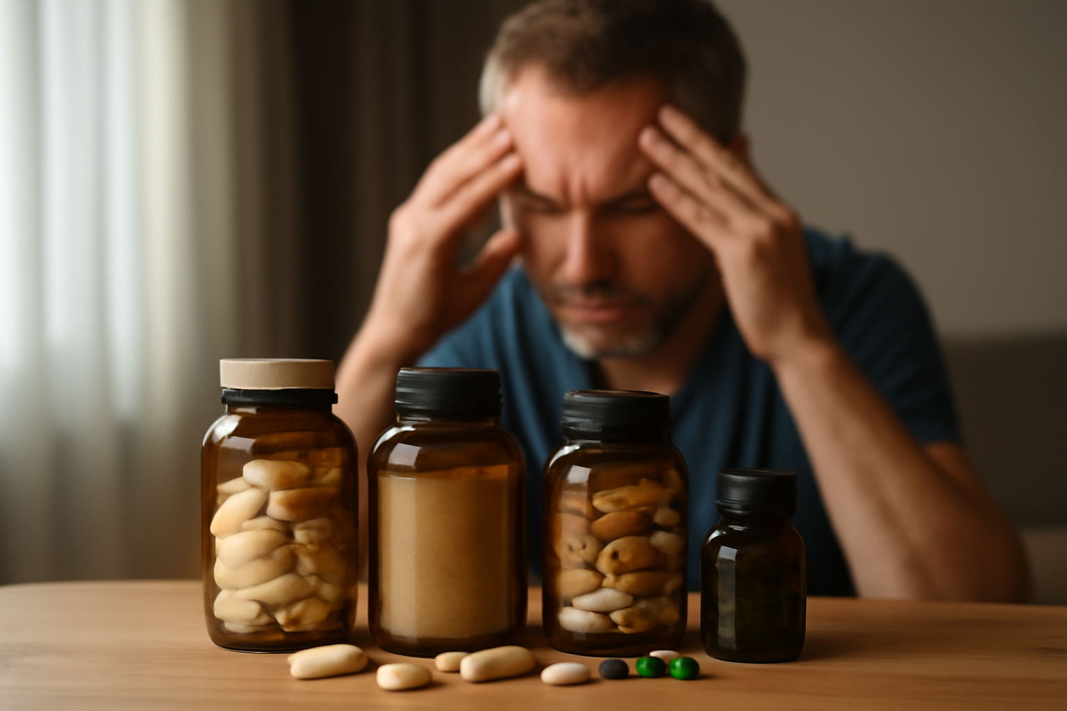 Man holding head with stress and bottles of supplements on table
