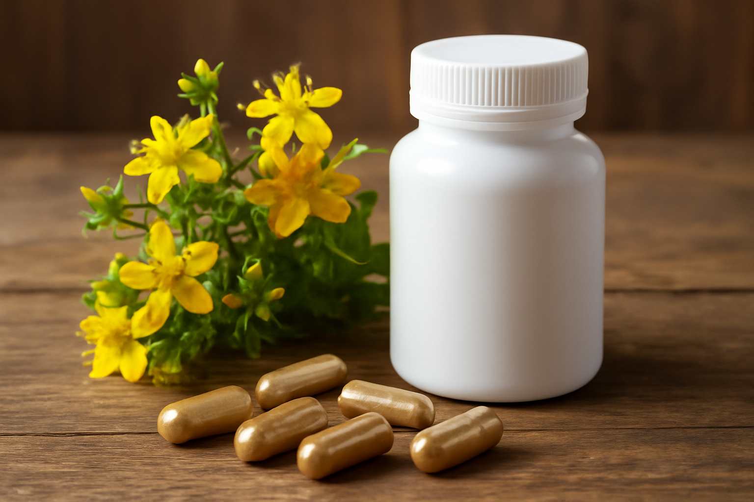 White supplement bottle with capsules and yellow St. John's Wort flowers