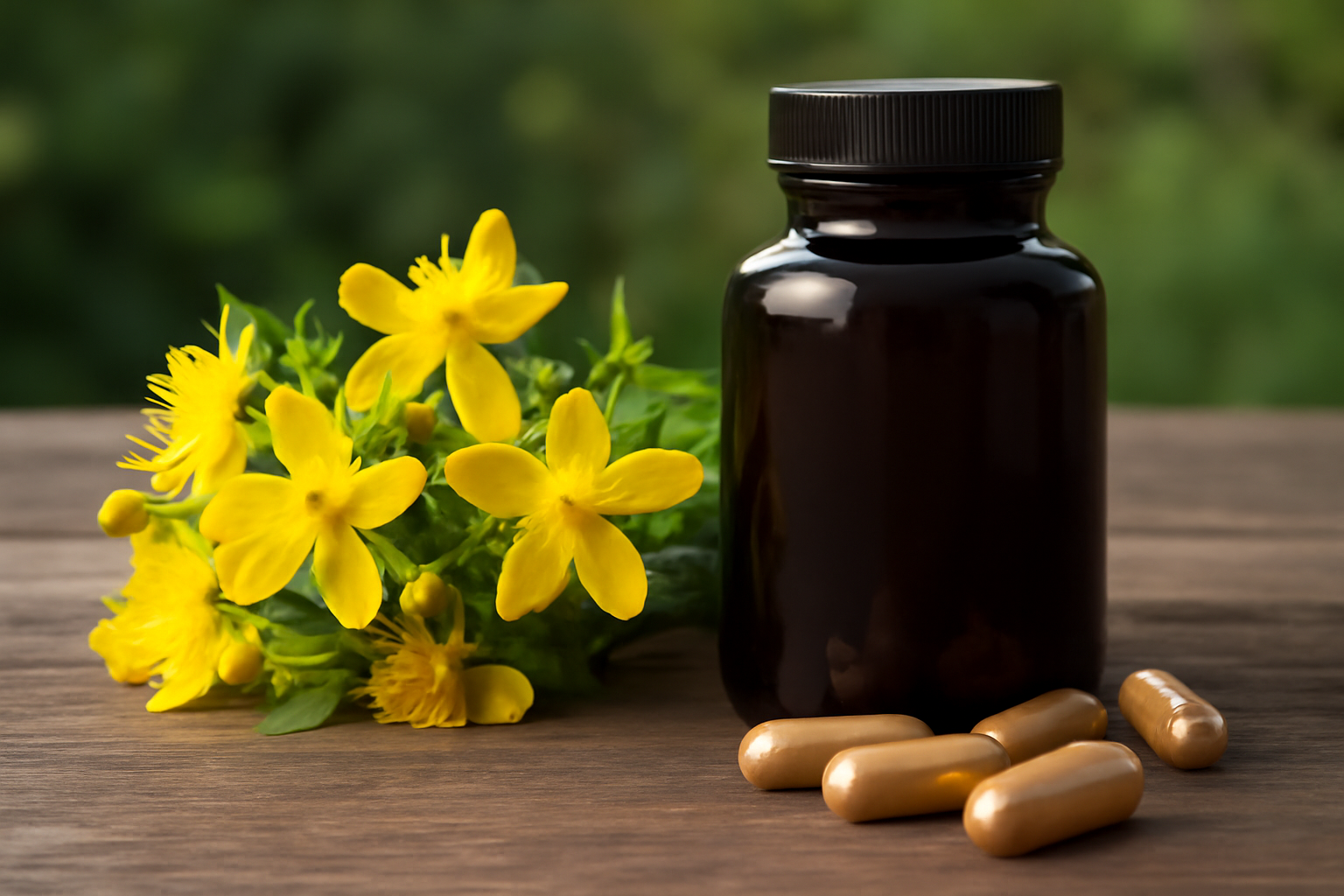 Bottle with capsules and yellow St. John's Wort flowers